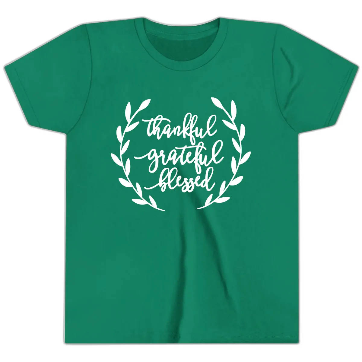 Thankful Grateful Blessed Wreath Design Youth T-Shirt in Kelly