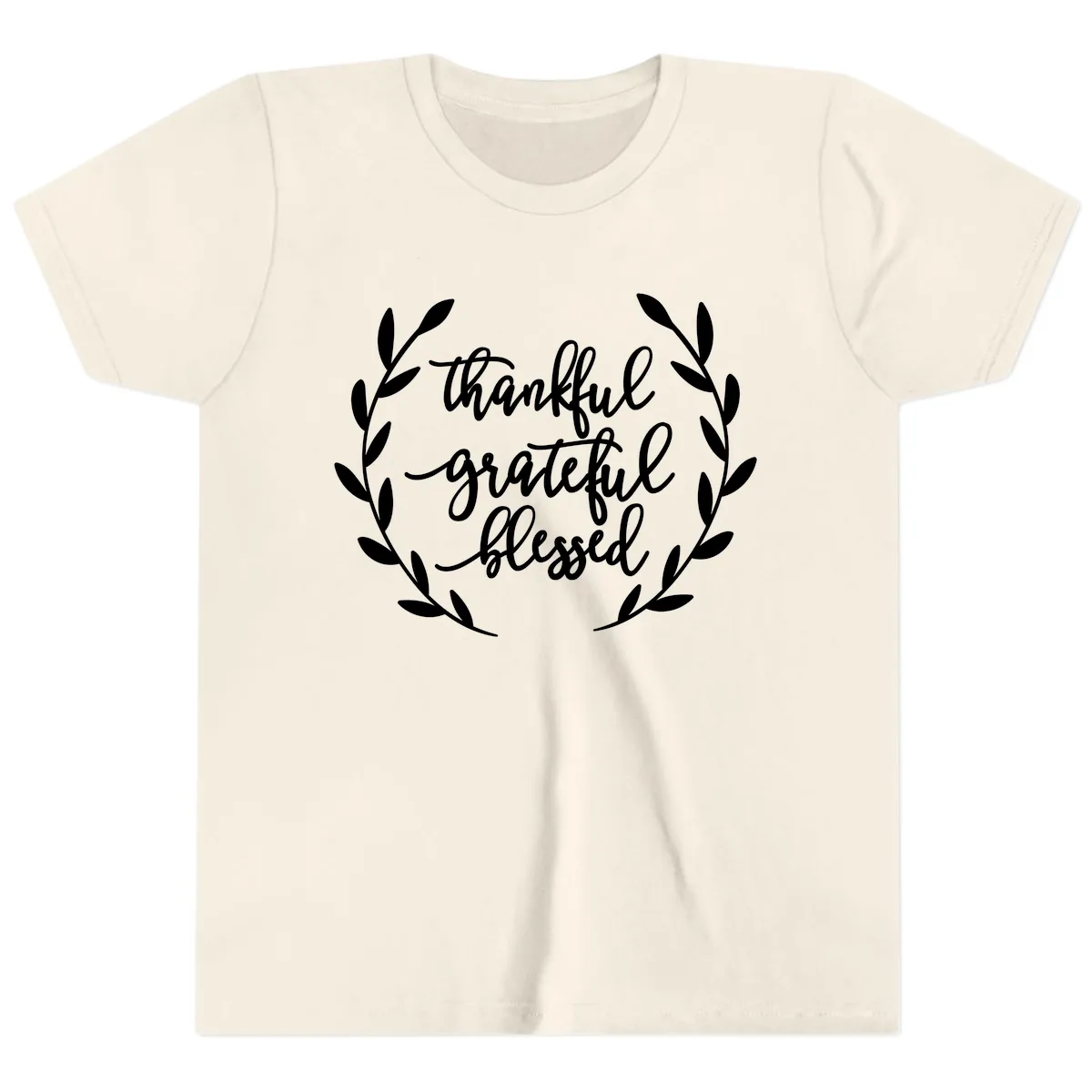 Thankful Grateful Blessed Wreath Design Youth T-Shirt in Natural