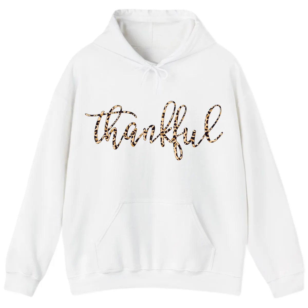 Leopard Print Thankful Script Hoodie in White