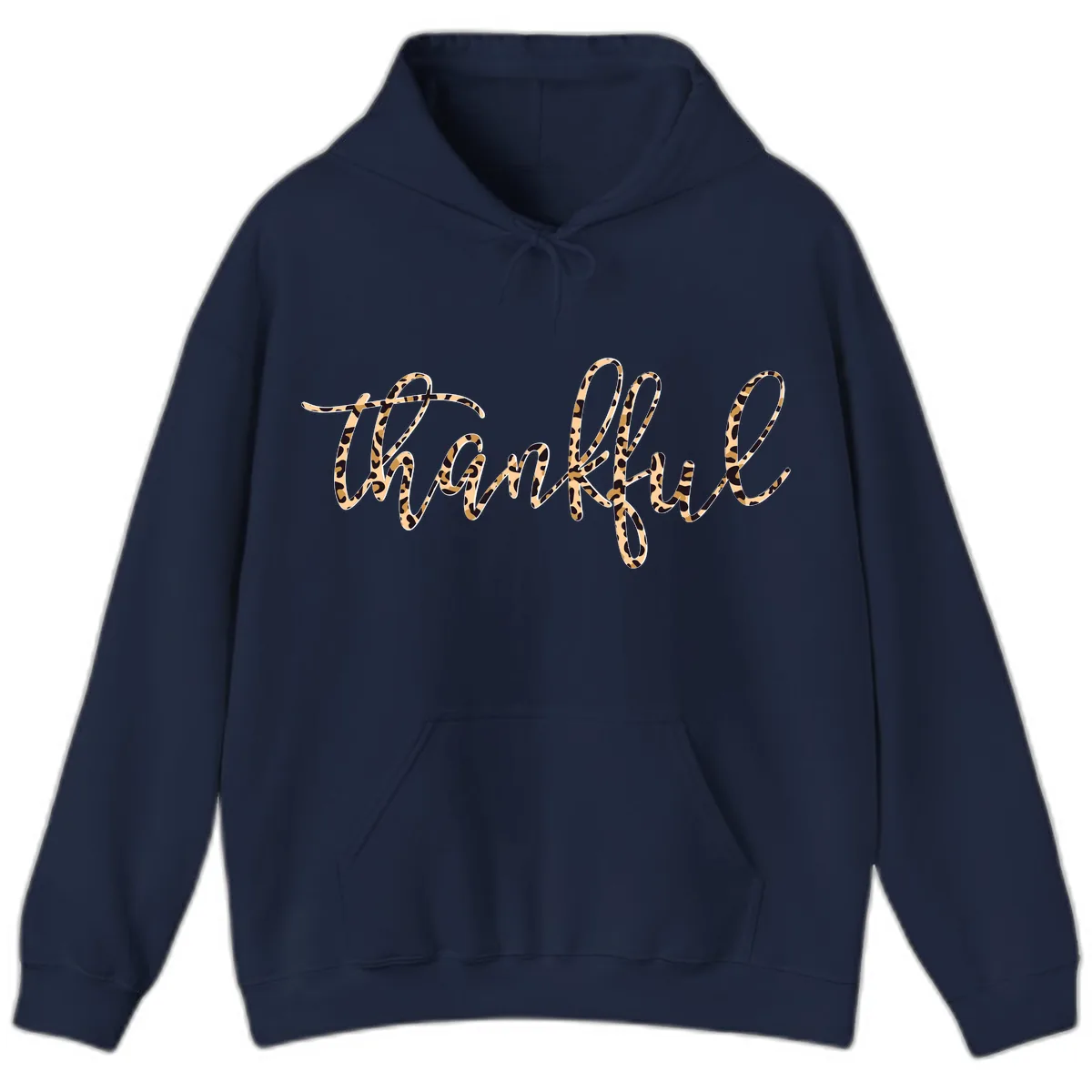Leopard Print Thankful Script Hoodie in Navy