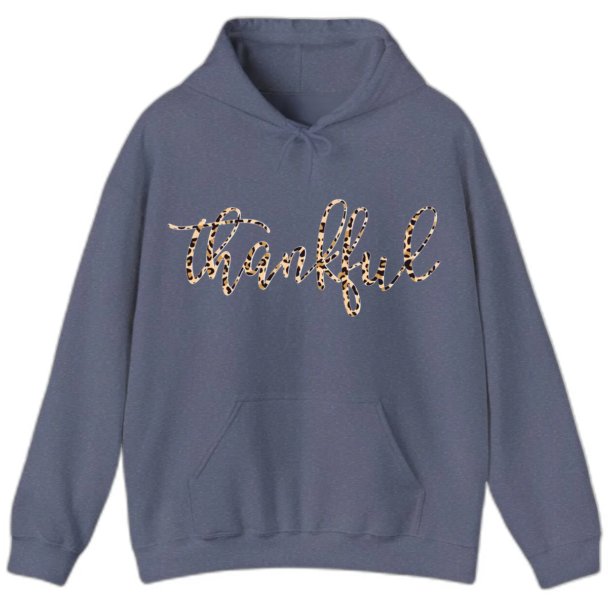 Leopard Print Thankful Script Hoodie in Heather Navy