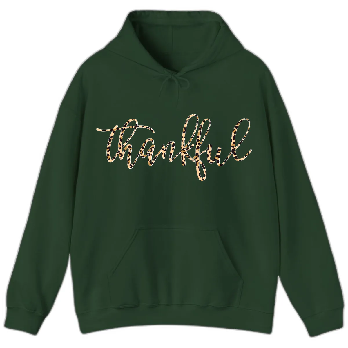 Leopard Print Thankful Script Hoodie in Forest Green