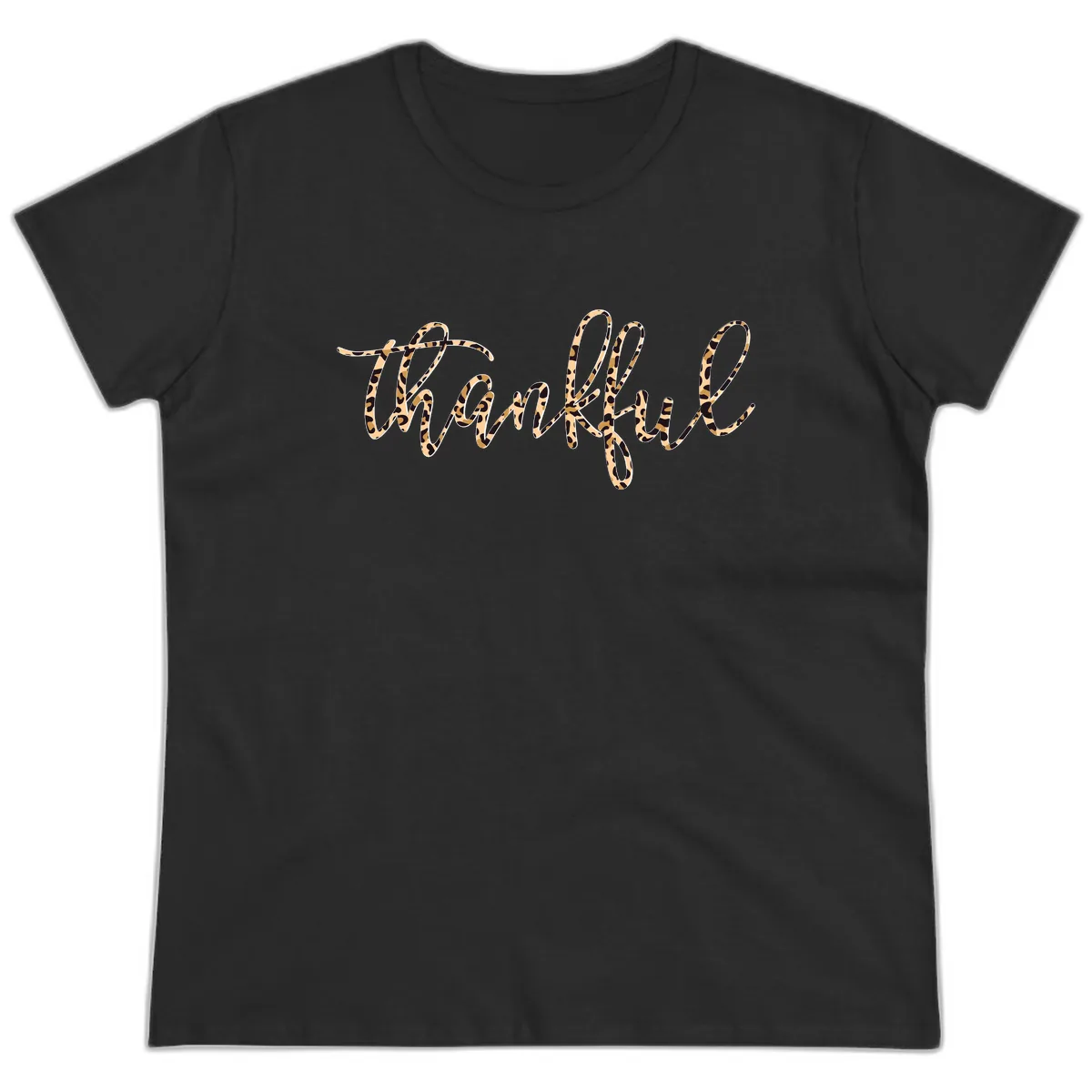 Leopard Print Thankful Script Ladies Tee in Black