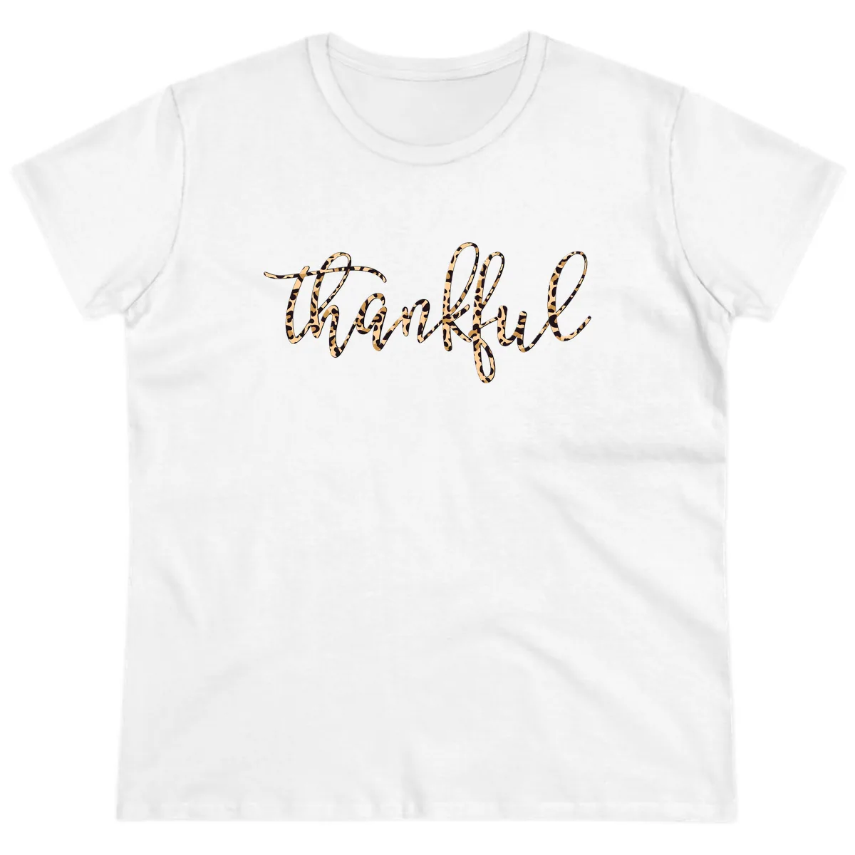 Leopard Print Thankful Script Ladies Tee in White
