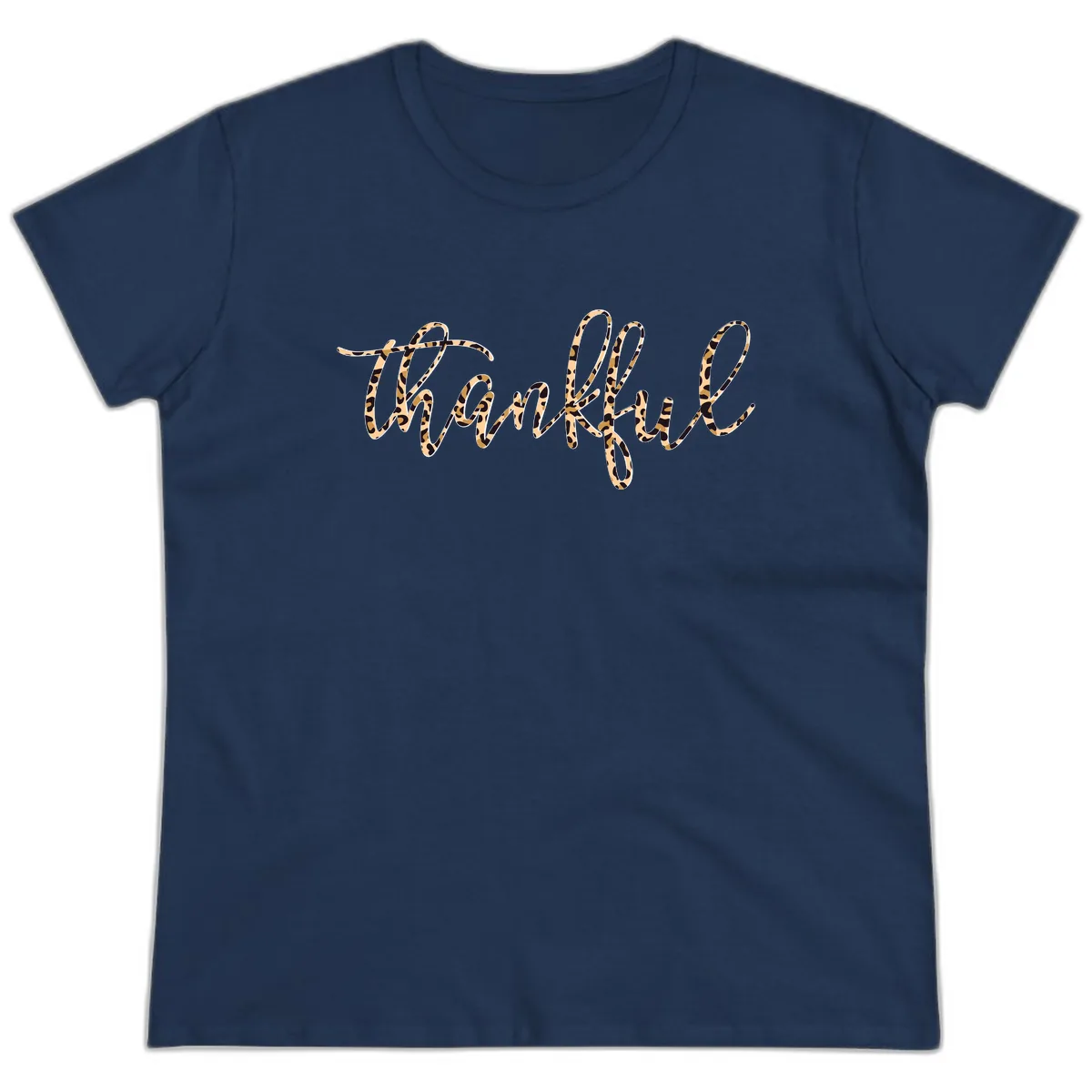 Leopard Print Thankful Script Ladies Tee in Navy
