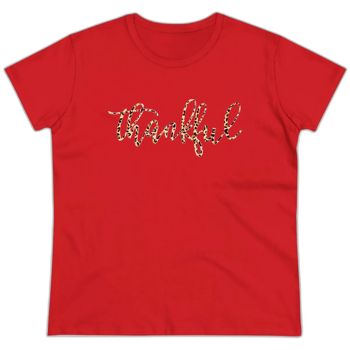 Leopard Print Thankful Script Ladies Tee in Red