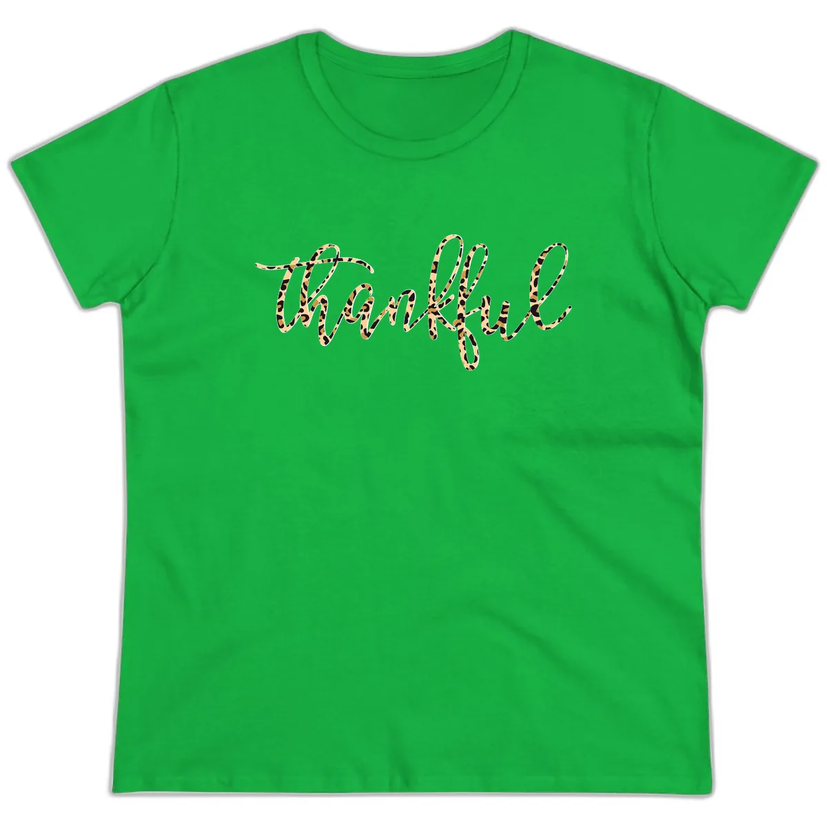 Leopard Print Thankful Script Ladies Tee in Irish Green