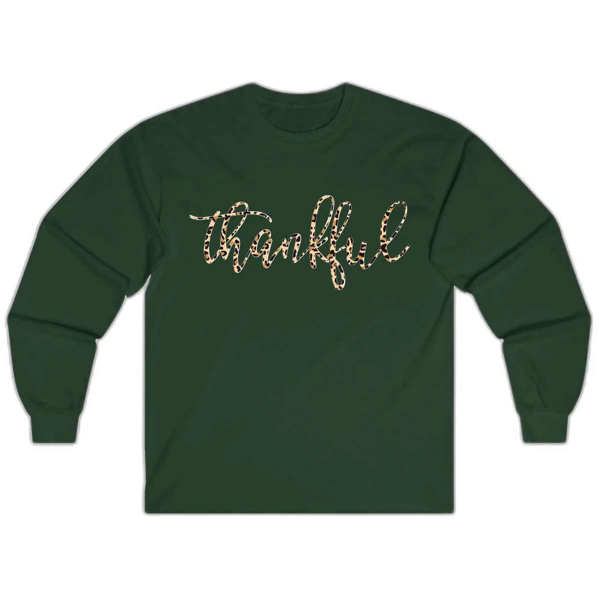 Leopard Print Thankful Script Long Sleeve in Forest Green