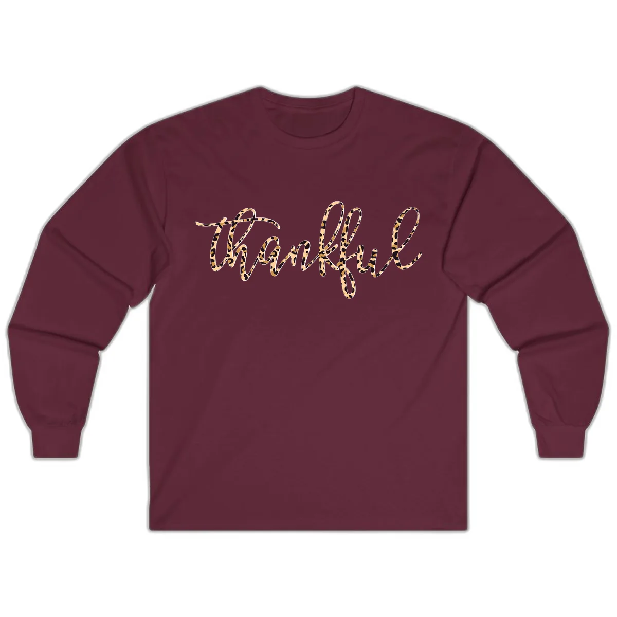 Leopard Print Thankful Script Long Sleeve in Maroon