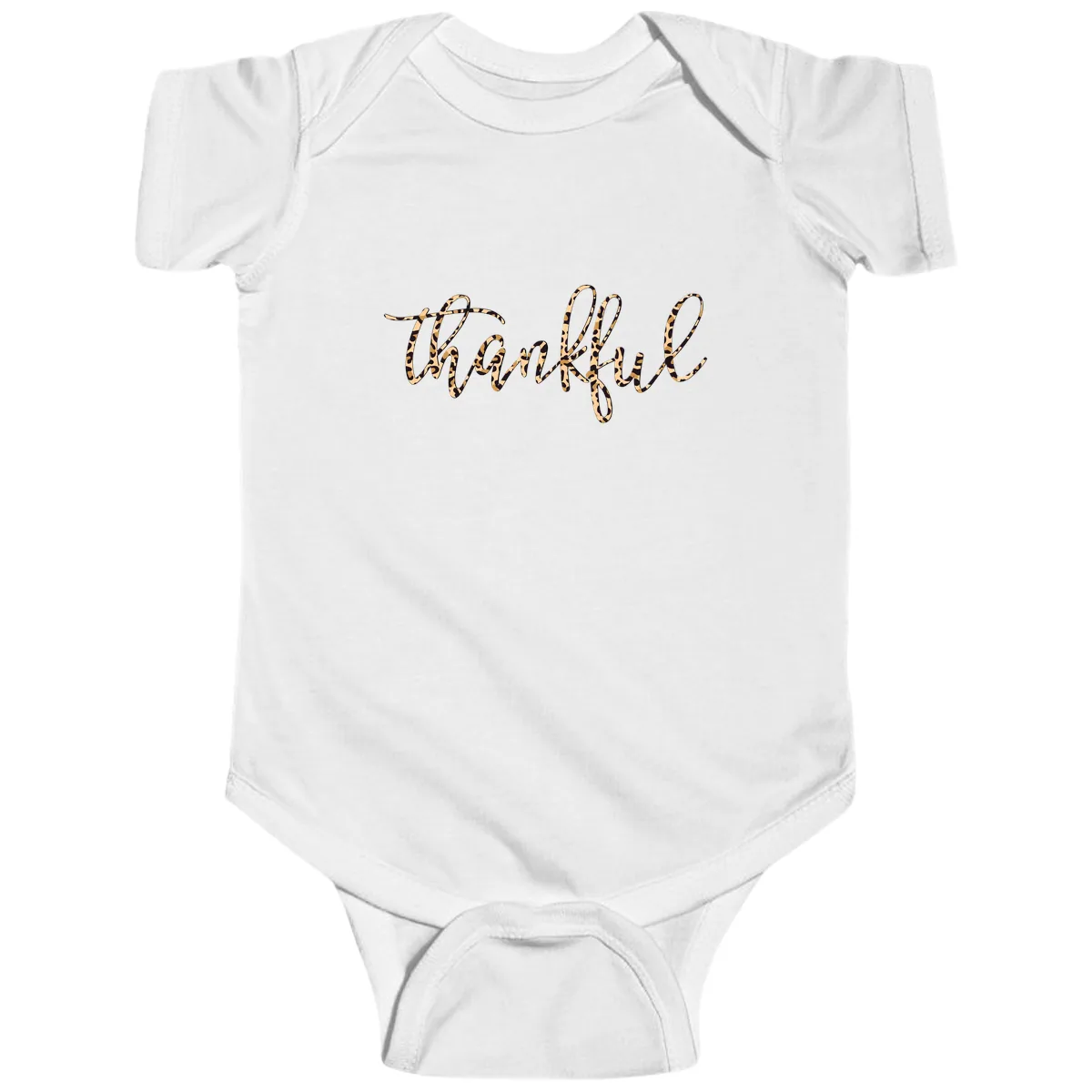 Leopard Print Thankful Script Baby Onesie in White