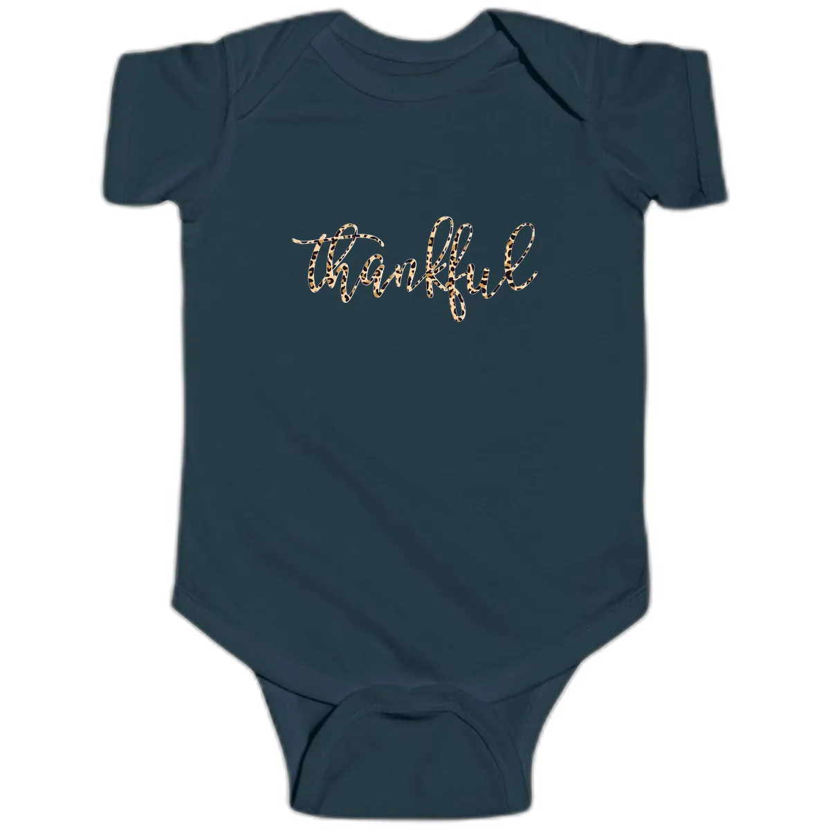 Leopard Print Thankful Script Baby Onesie in Navy