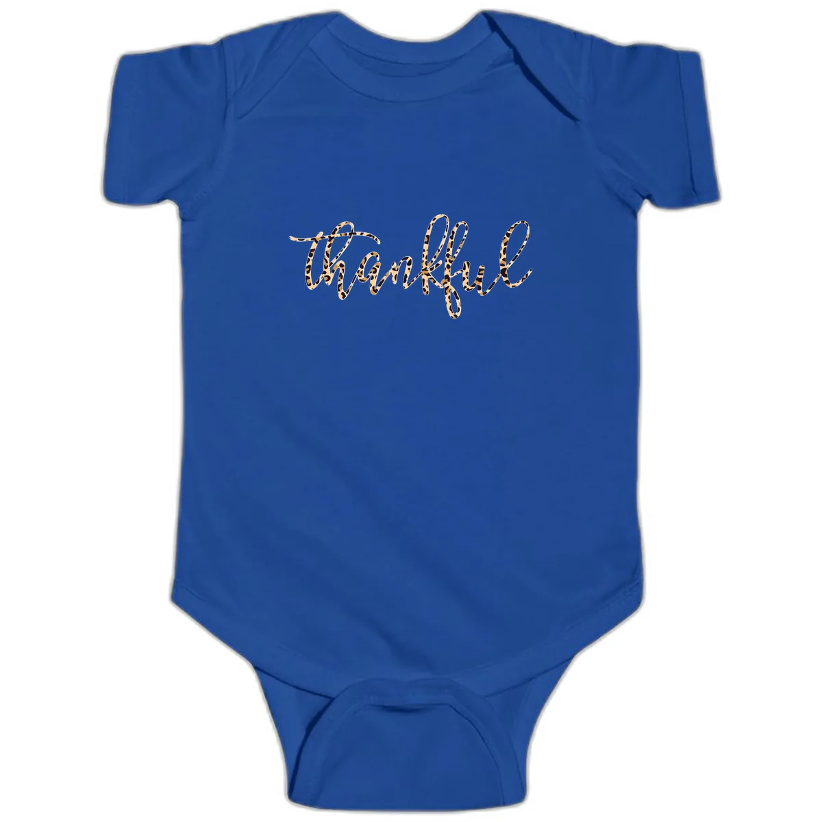 Leopard Print Thankful Script Baby Onesie in Royal