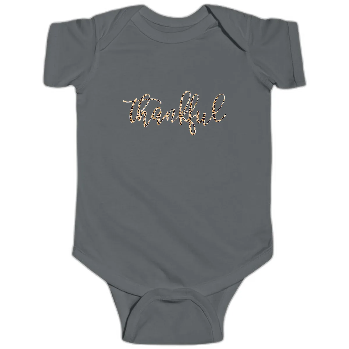 Leopard Print Thankful Script Baby Onesie in Charcoal