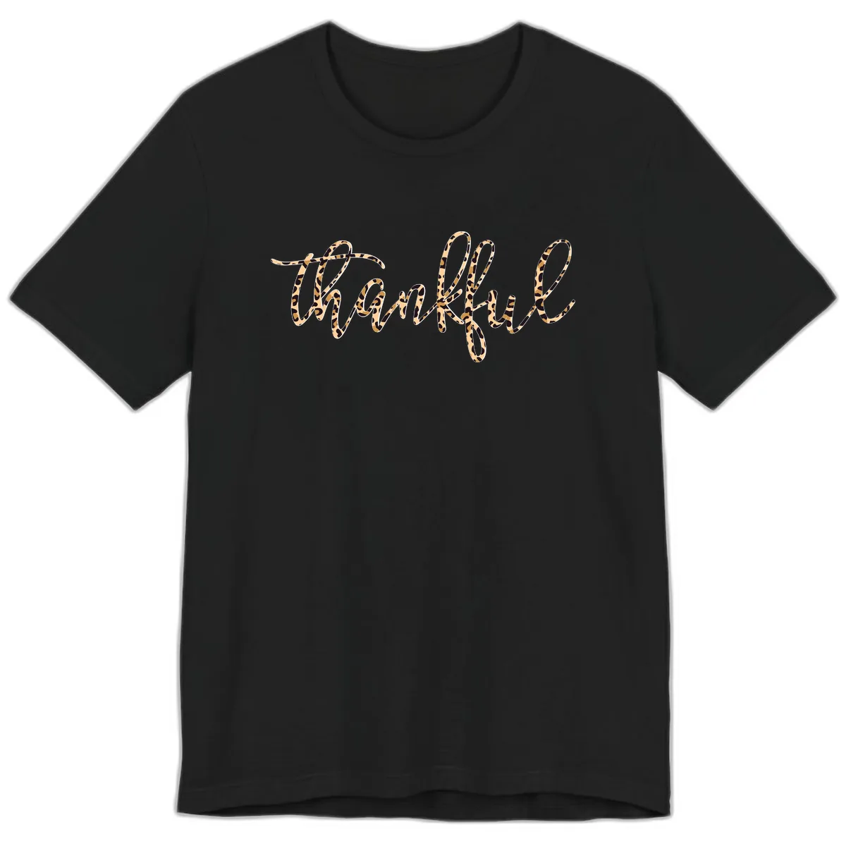 Leopard Print Thankful Script Premium T-Shirt in Black