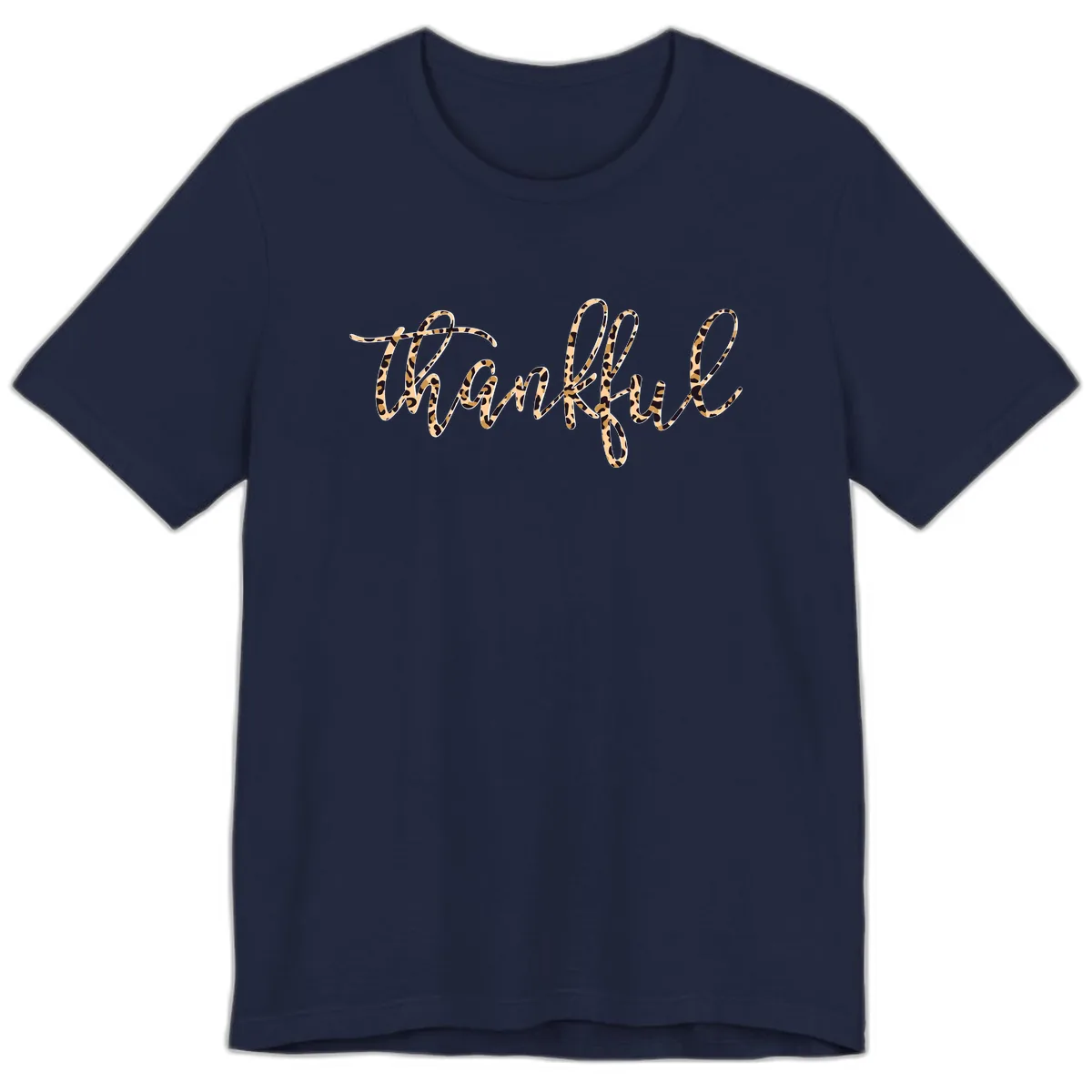 Leopard Print Thankful Script Premium T-Shirt in Navy