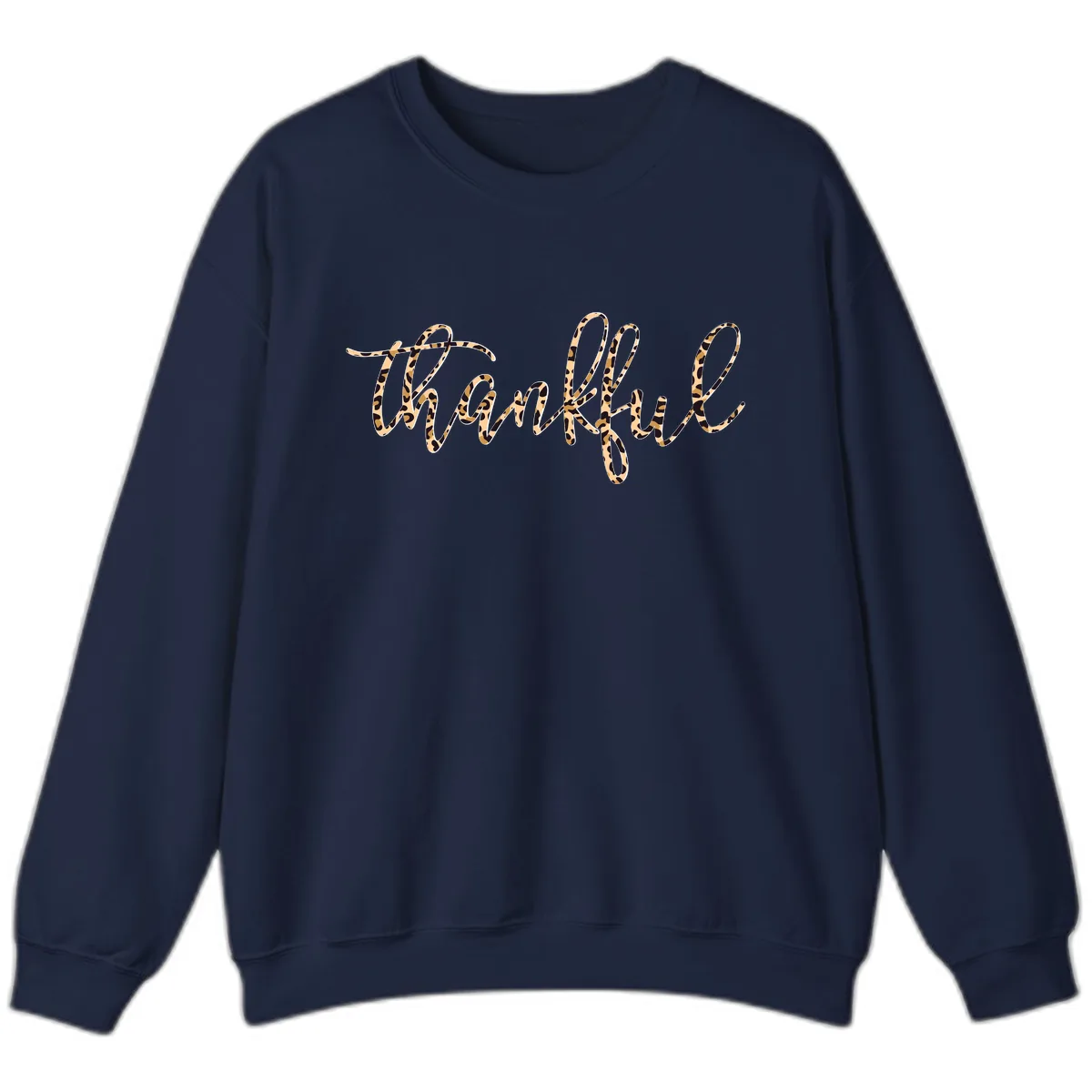 Leopard Print Thankful Script Sweatshirt in Navy