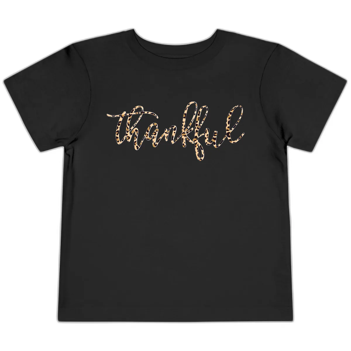 Leopard Print Thankful Script Toddler T-Shirt in Black