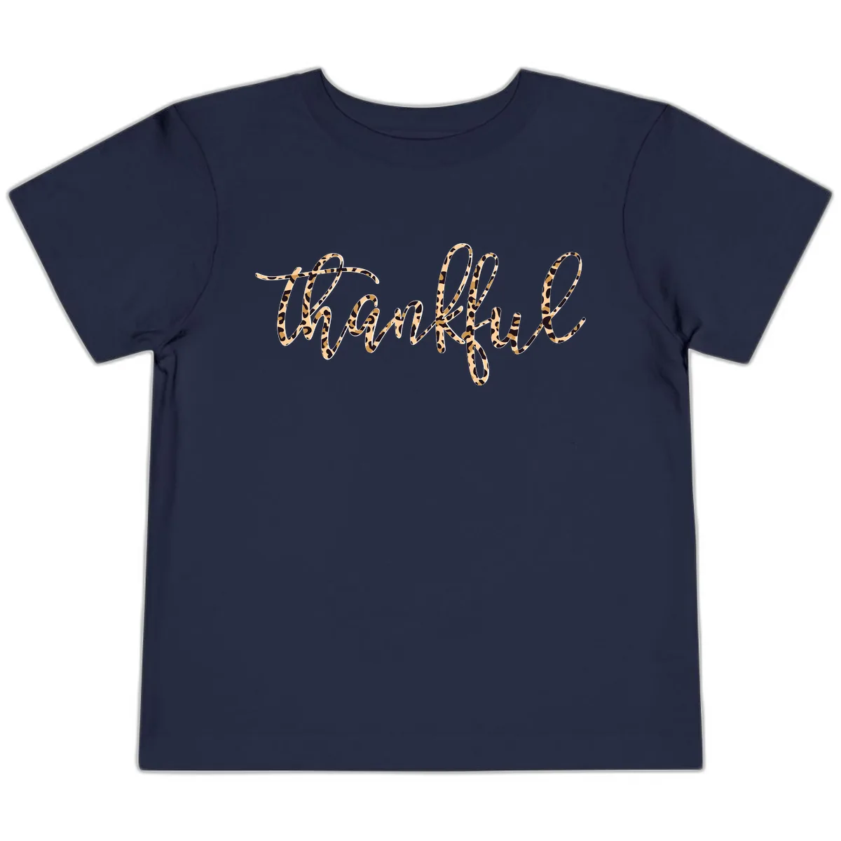 Leopard Print Thankful Script Toddler T-Shirt in Navy