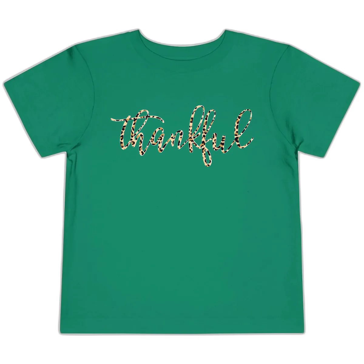Leopard Print Thankful Script Toddler T-Shirt in Kelly