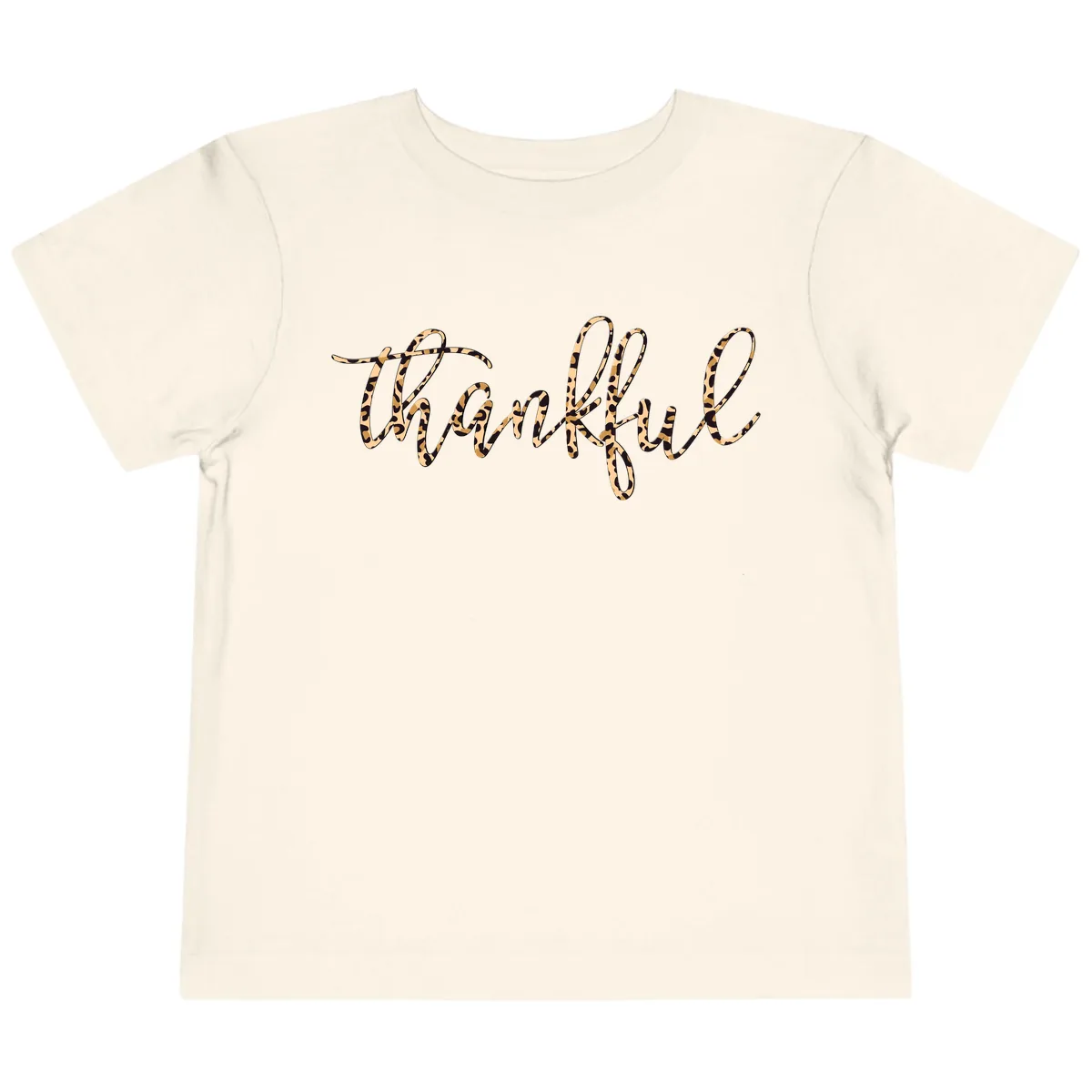 Leopard Print Thankful Script Toddler T-Shirt in Natural