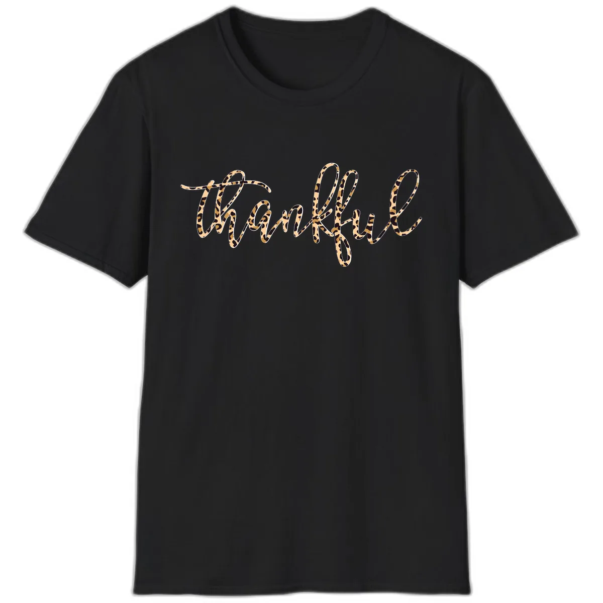 Leopard Print Thankful Script T-Shirt in Black