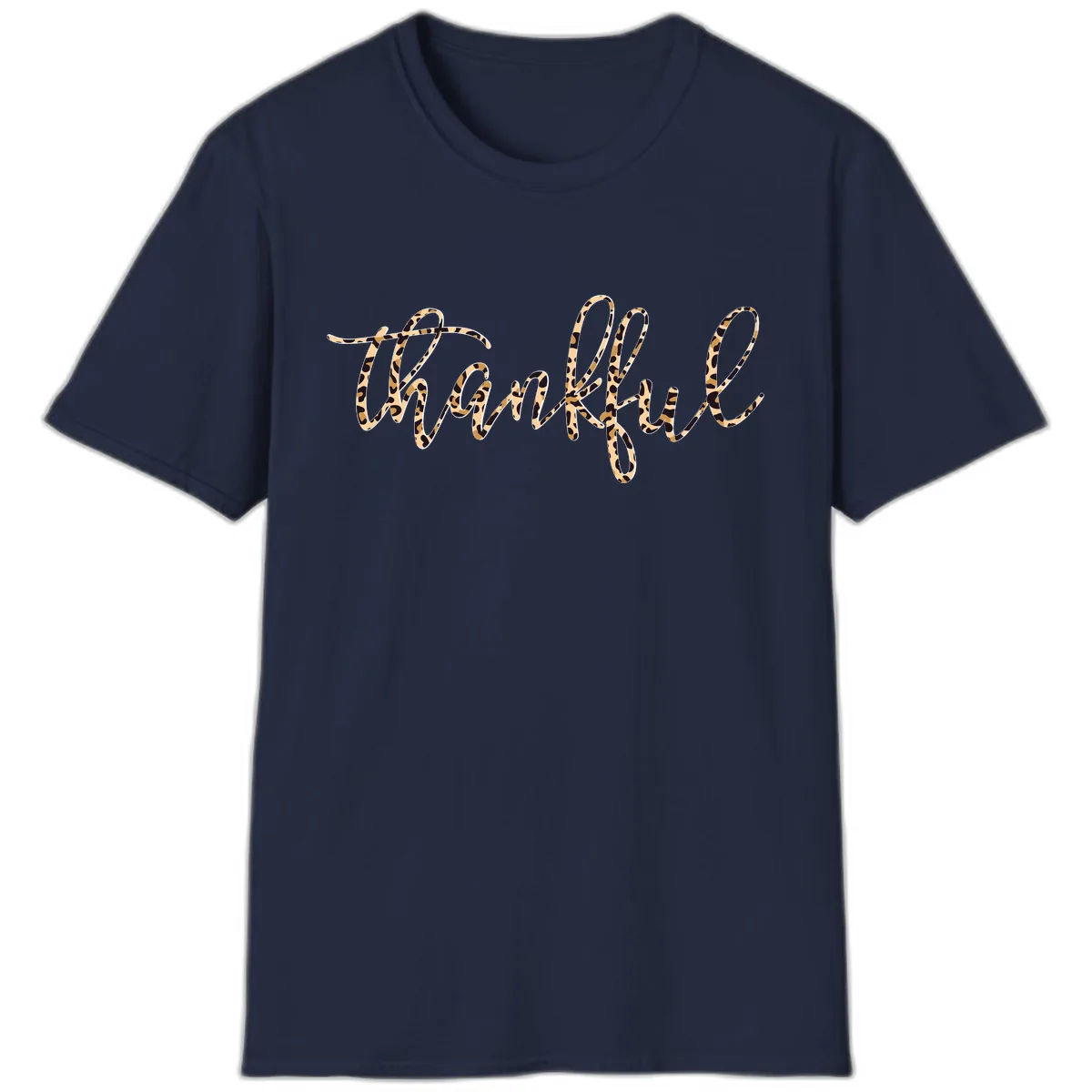Leopard Print Thankful Script T-Shirt in Navy