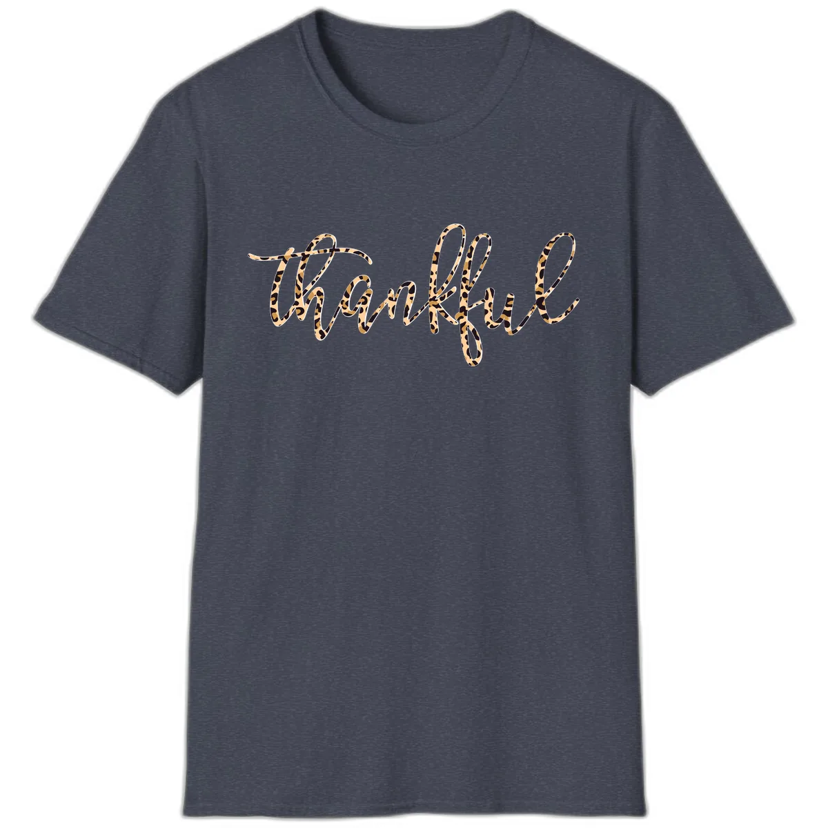 Leopard Print Thankful Script T-Shirt in Heather Navy