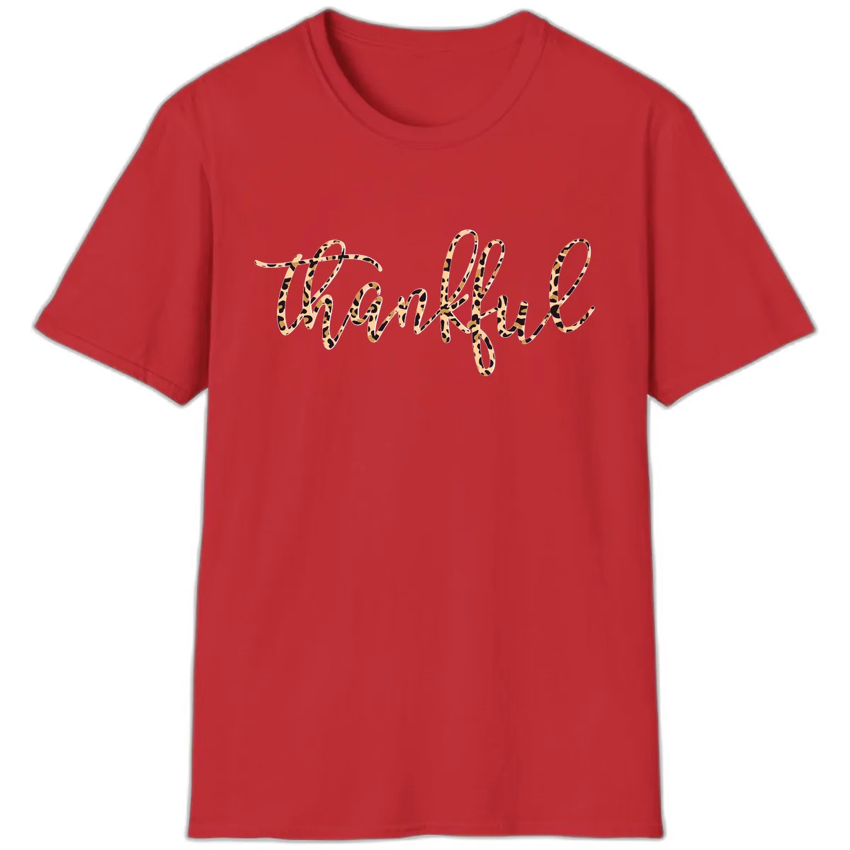Leopard Print Thankful Script T-Shirt in Red
