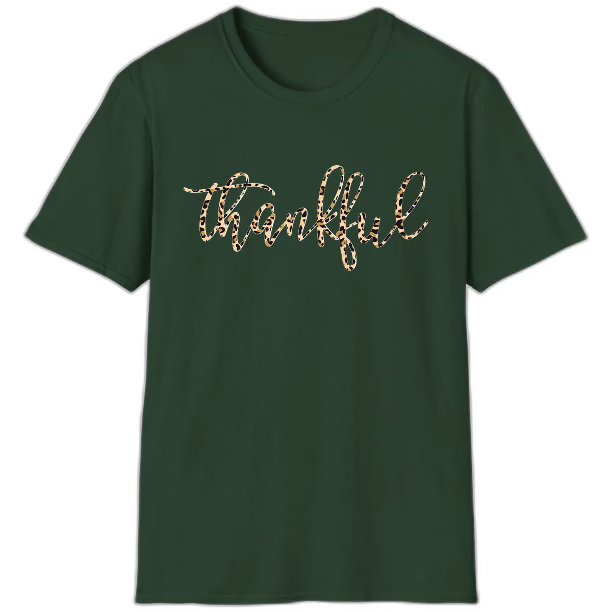 Leopard Print Thankful Script T-Shirt in Forest Green