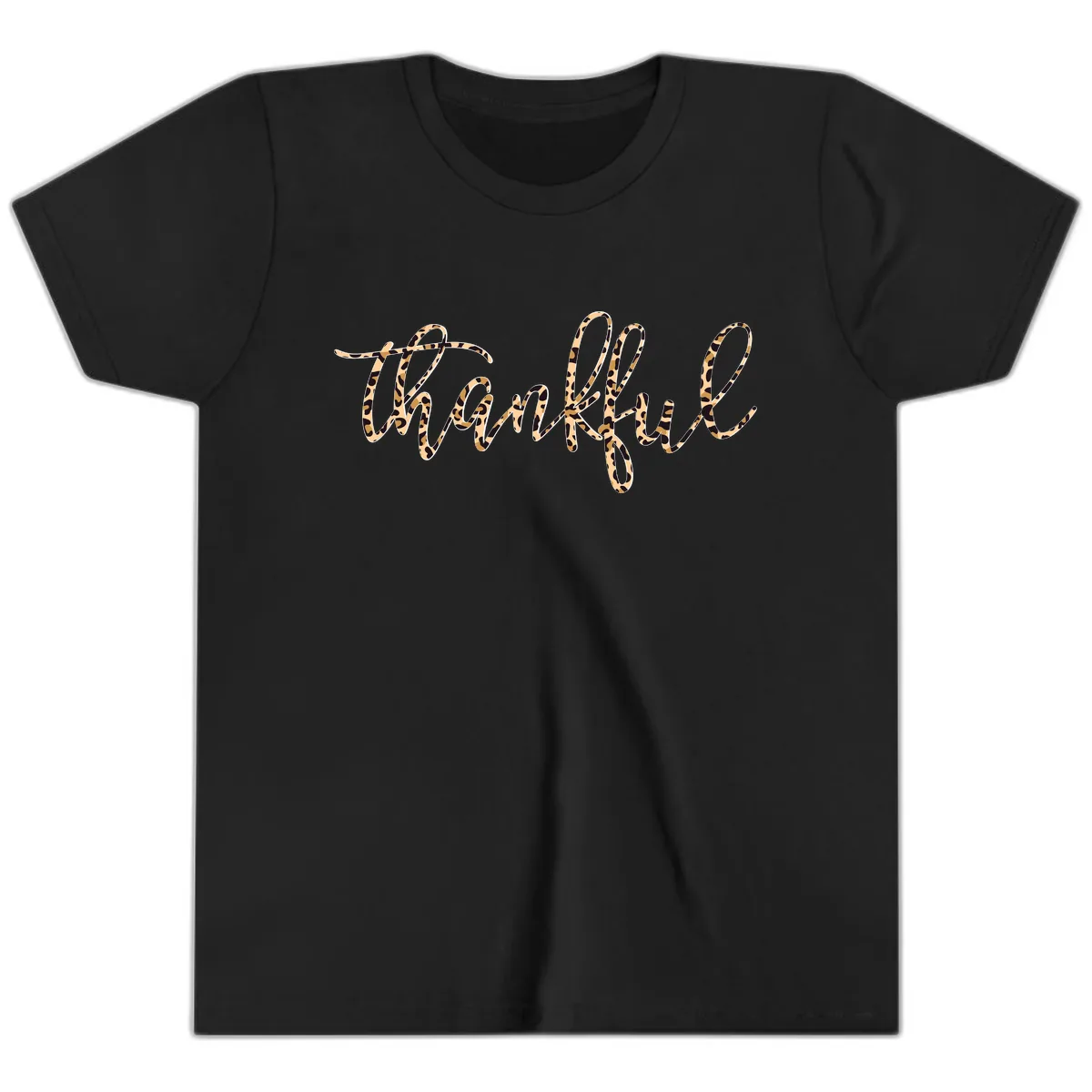 Leopard Print Thankful Script Youth T-Shirt in Black