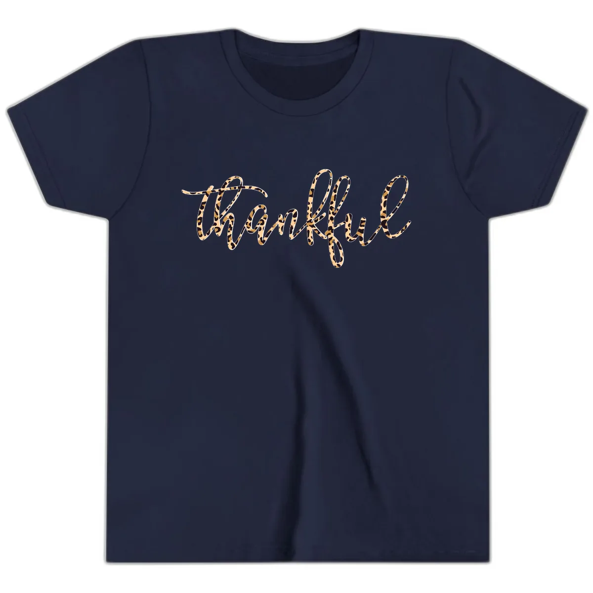 Leopard Print Thankful Script Youth T-Shirt in Navy