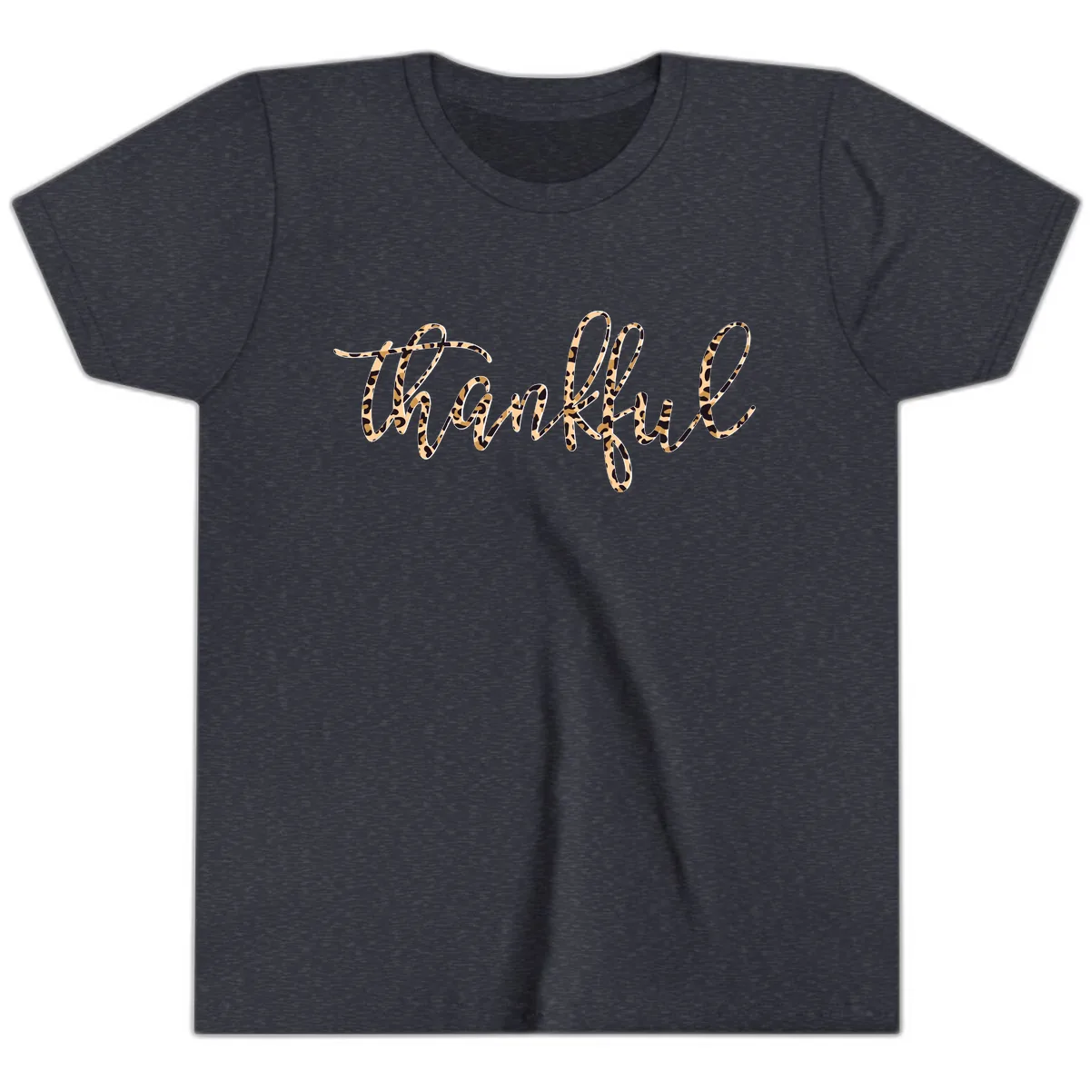 Leopard Print Thankful Script Youth T-Shirt in Heather Navy