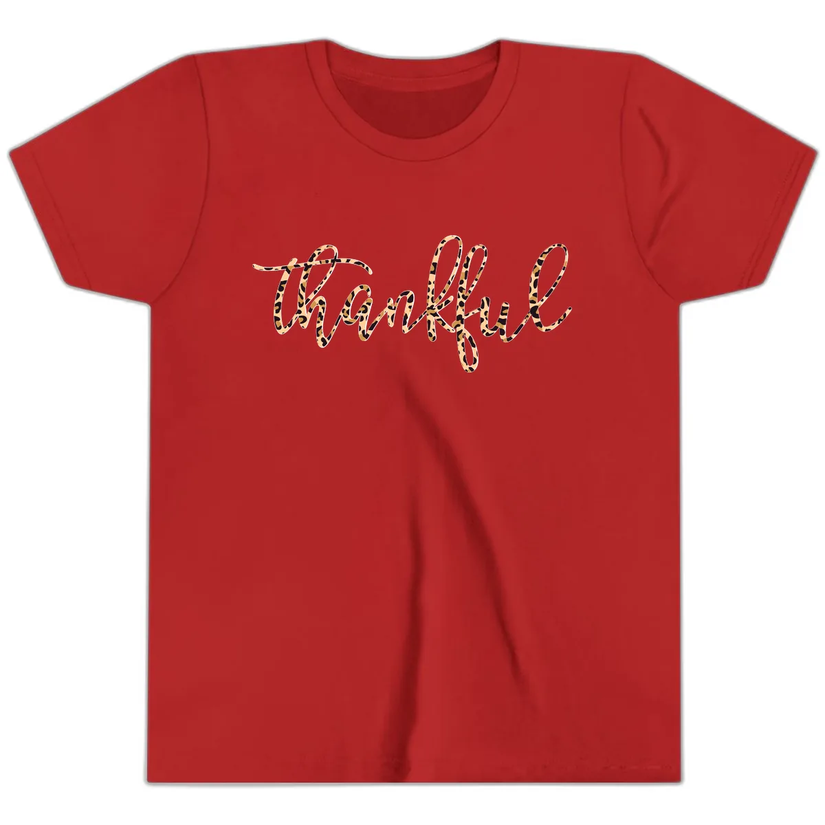 Leopard Print Thankful Script Youth T-Shirt in Red