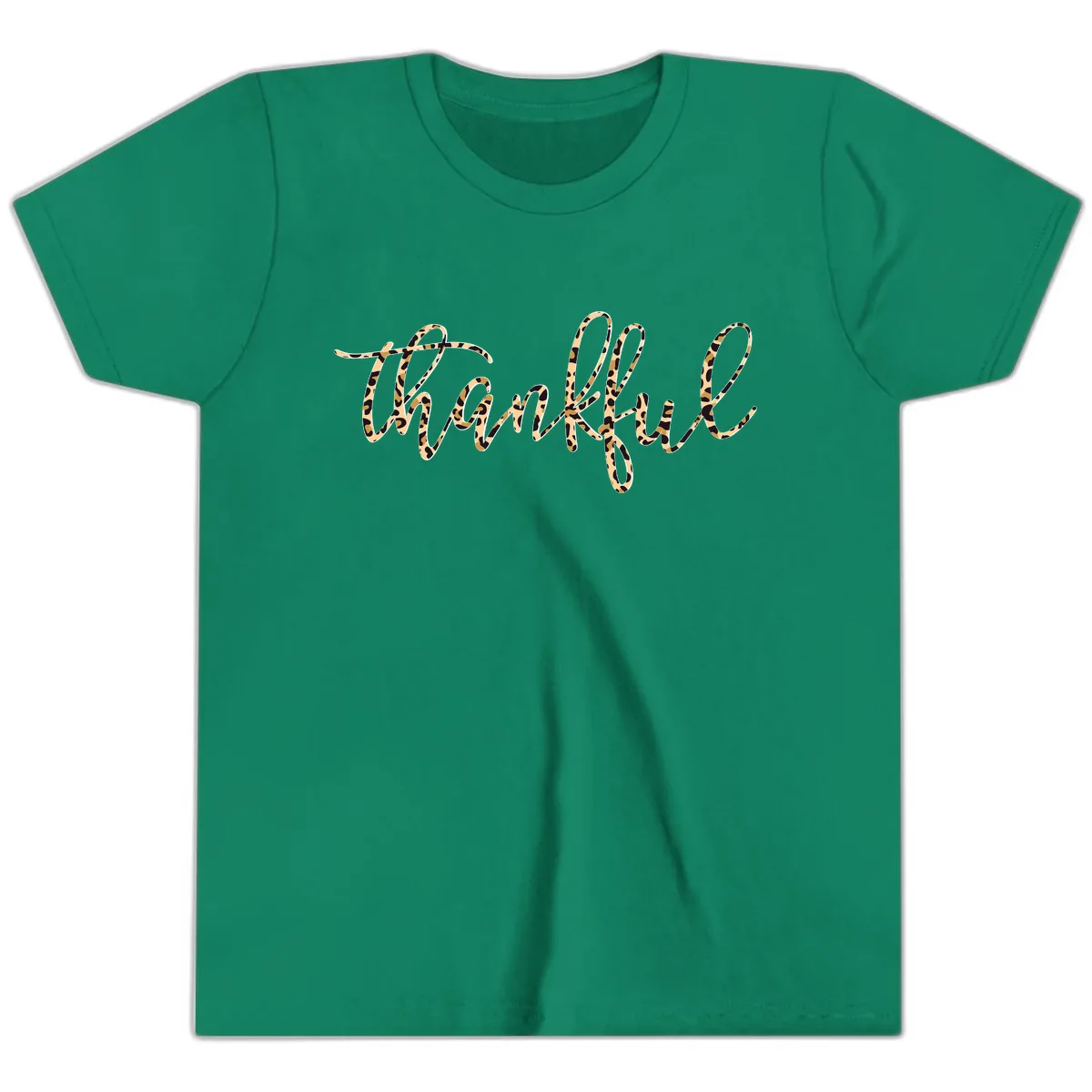 Leopard Print Thankful Script Youth T-Shirt in Kelly