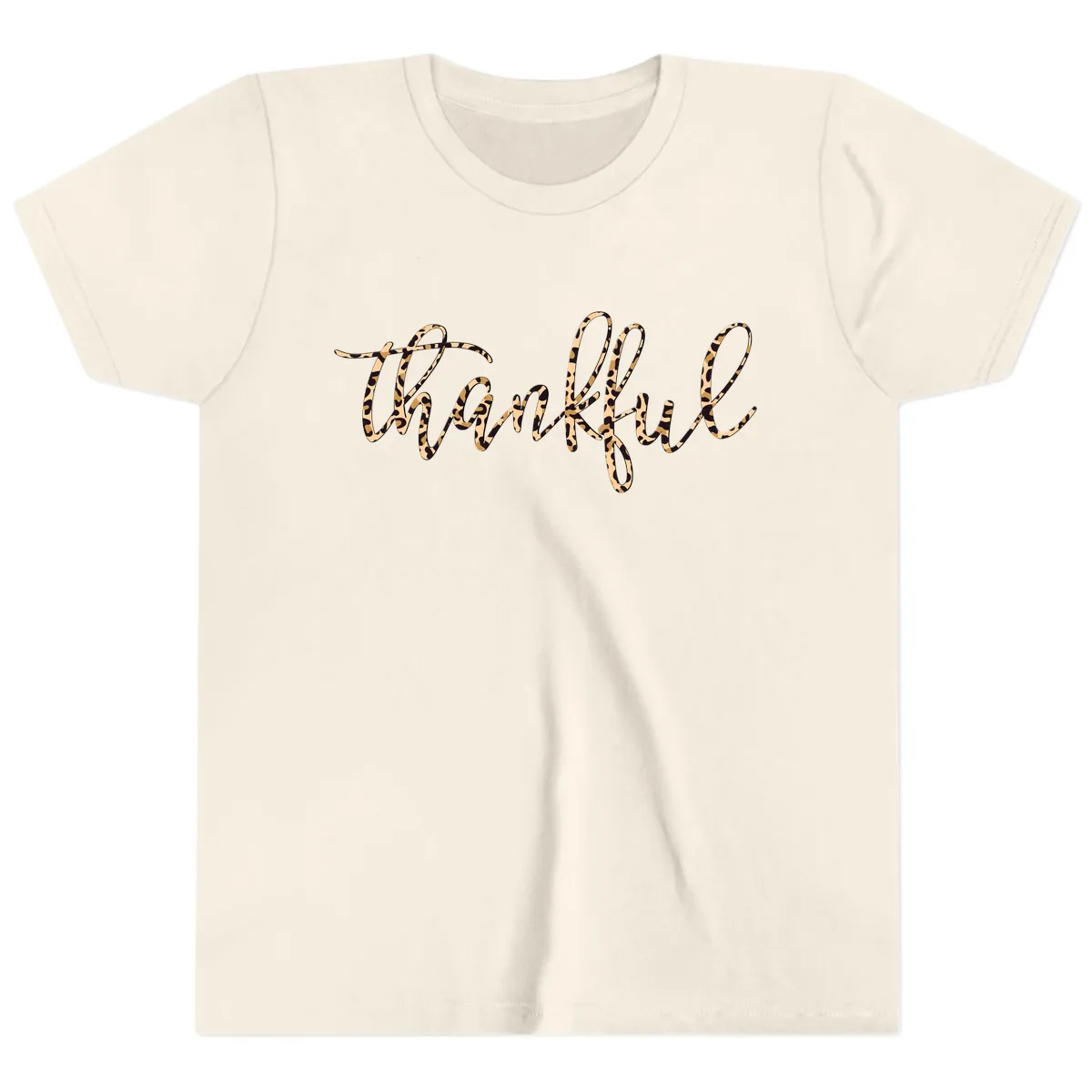 Leopard Print Thankful Script Youth T-Shirt in Natural