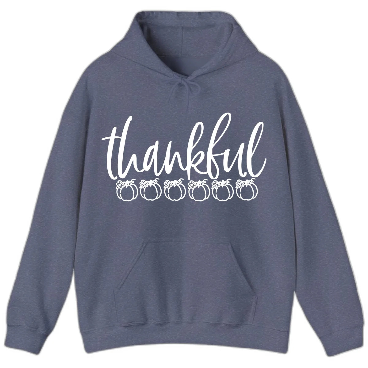 Thankful Pumpkins Thanksgiving Typography Hoodie in Heather Navy