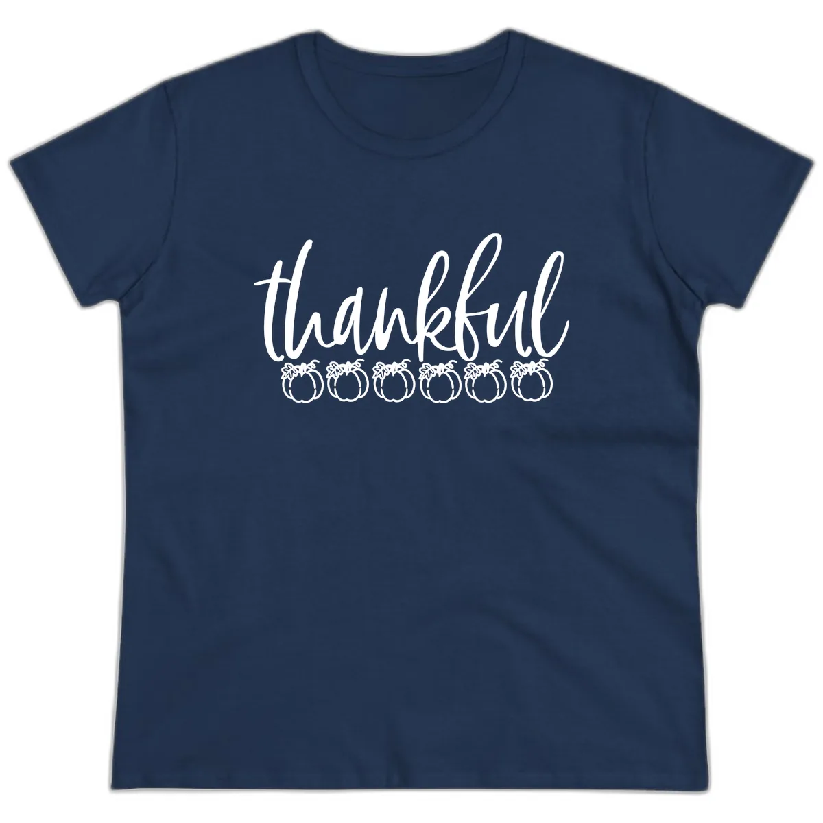 Thankful Pumpkins Thanksgiving Typography Ladies Tee in Navy