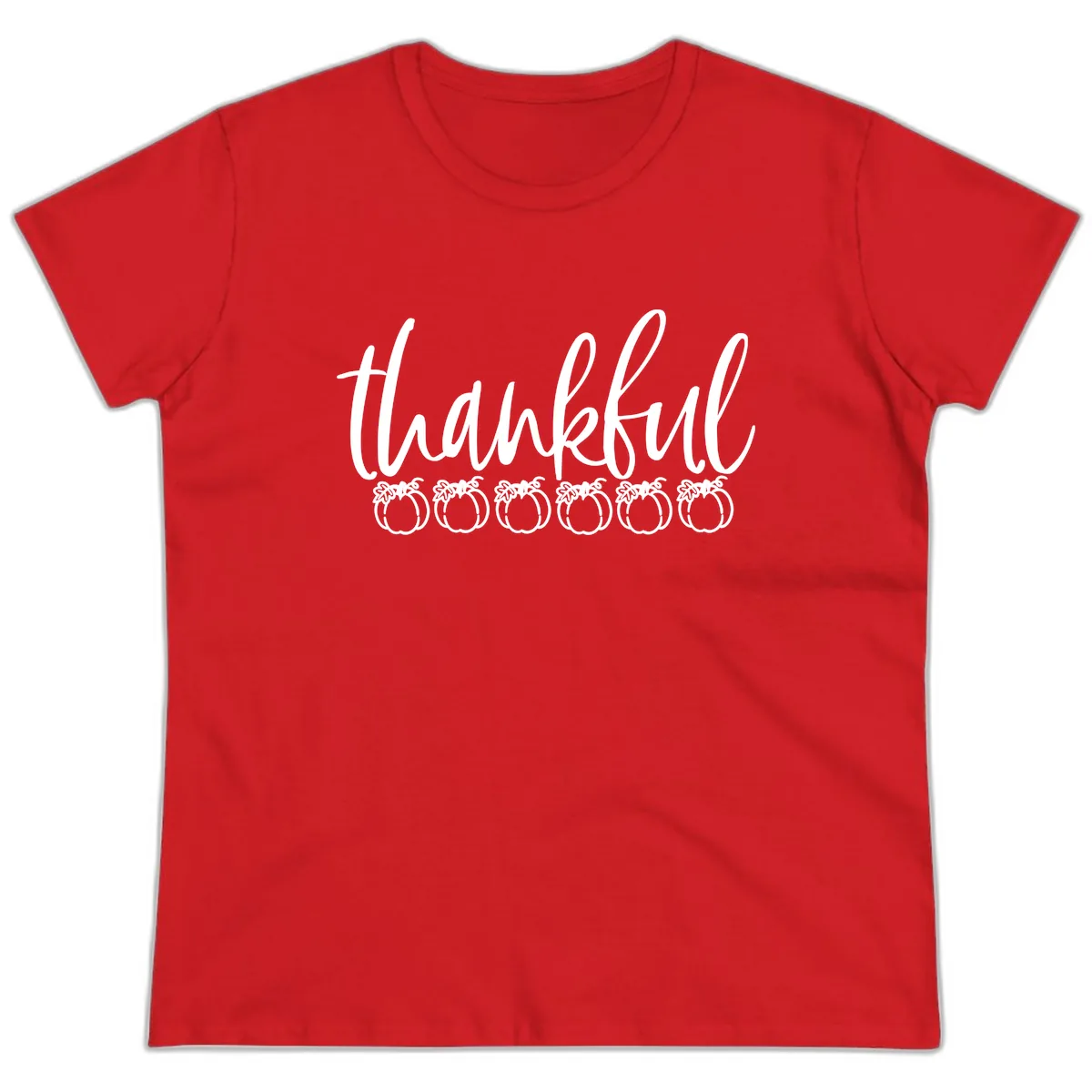 Thankful Pumpkins Thanksgiving Typography Ladies Tee in Red