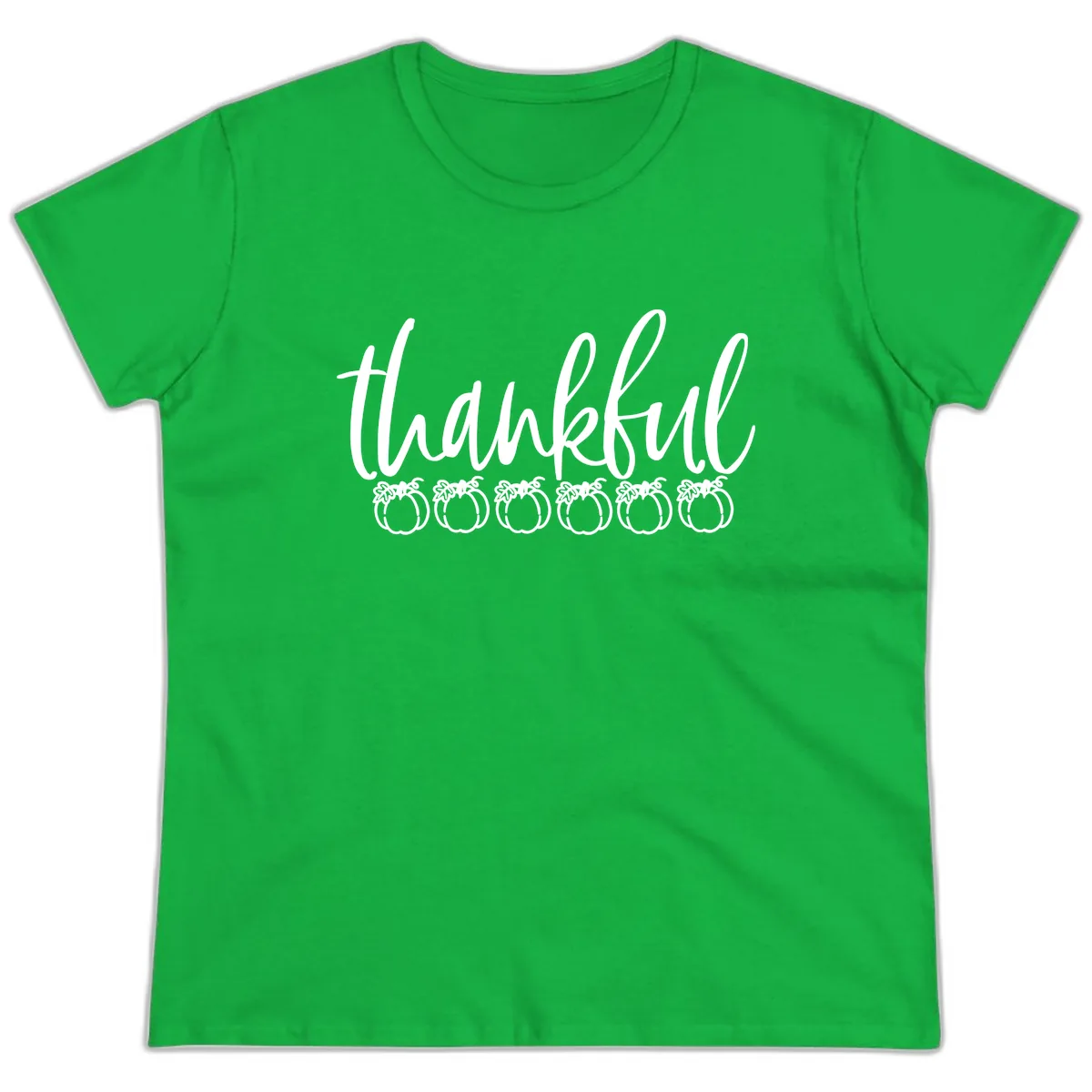 Thankful Pumpkins Thanksgiving Typography Ladies Tee in Irish Green