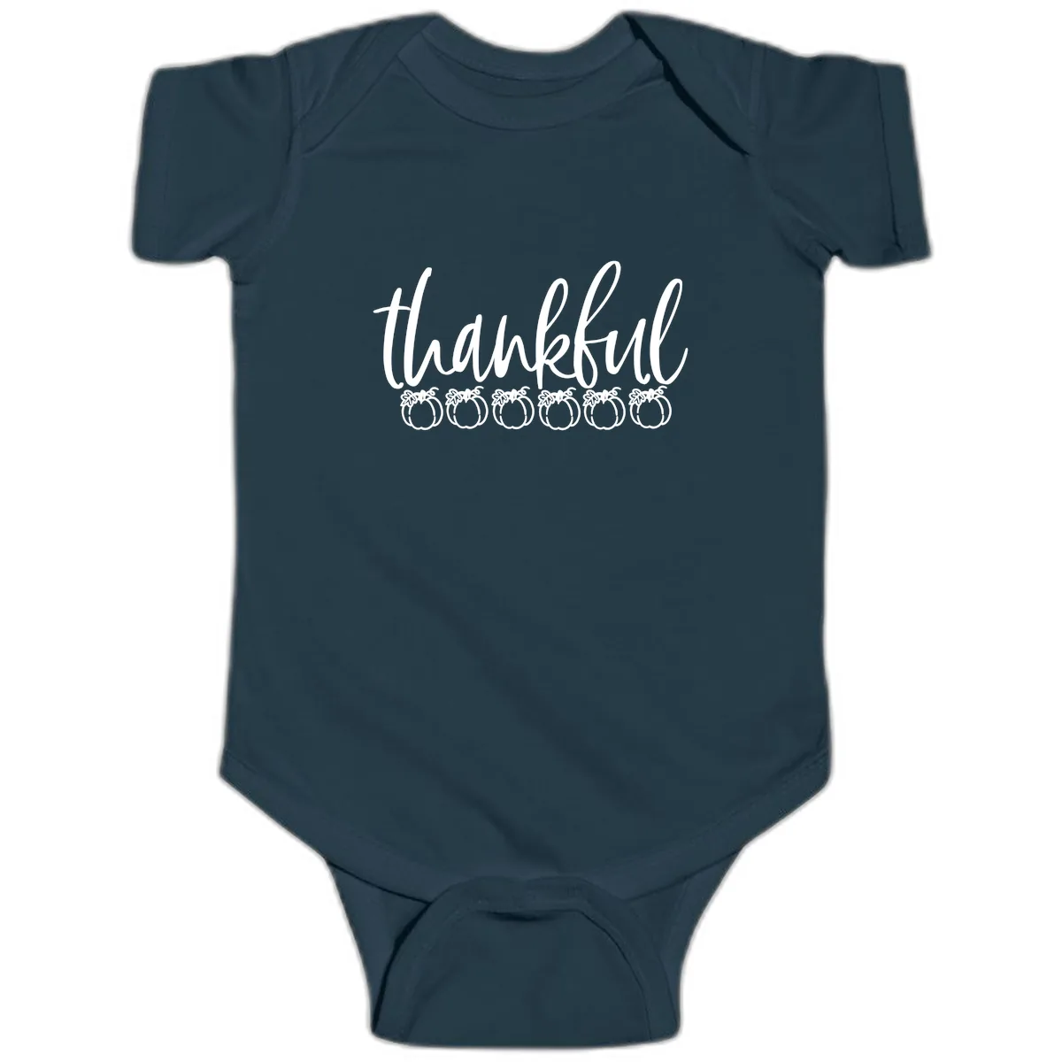 Thankful Pumpkins Thanksgiving Typography Baby Onesie in Navy