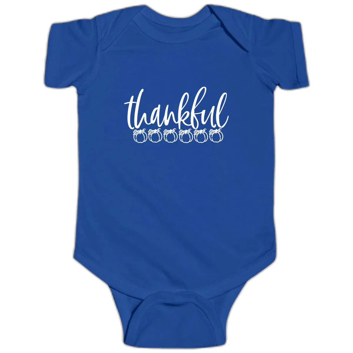 Thankful Pumpkins Thanksgiving Typography Baby Onesie in Royal