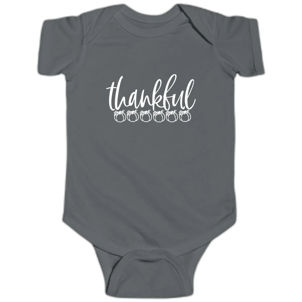 Thankful Pumpkins Thanksgiving Typography Baby Onesie in Charcoal