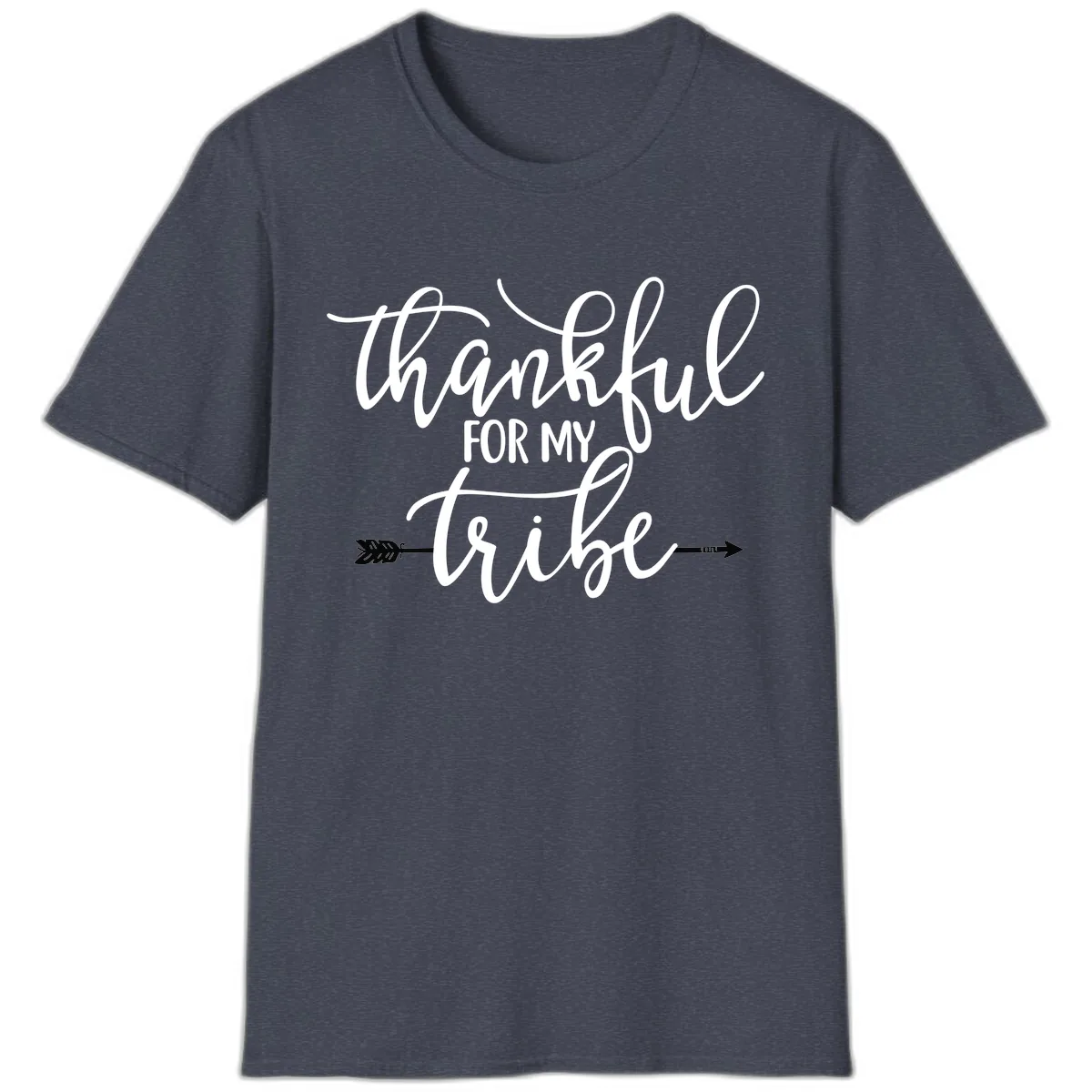 Thankful For My Tribe Typography Design T-Shirt in Heather Navy