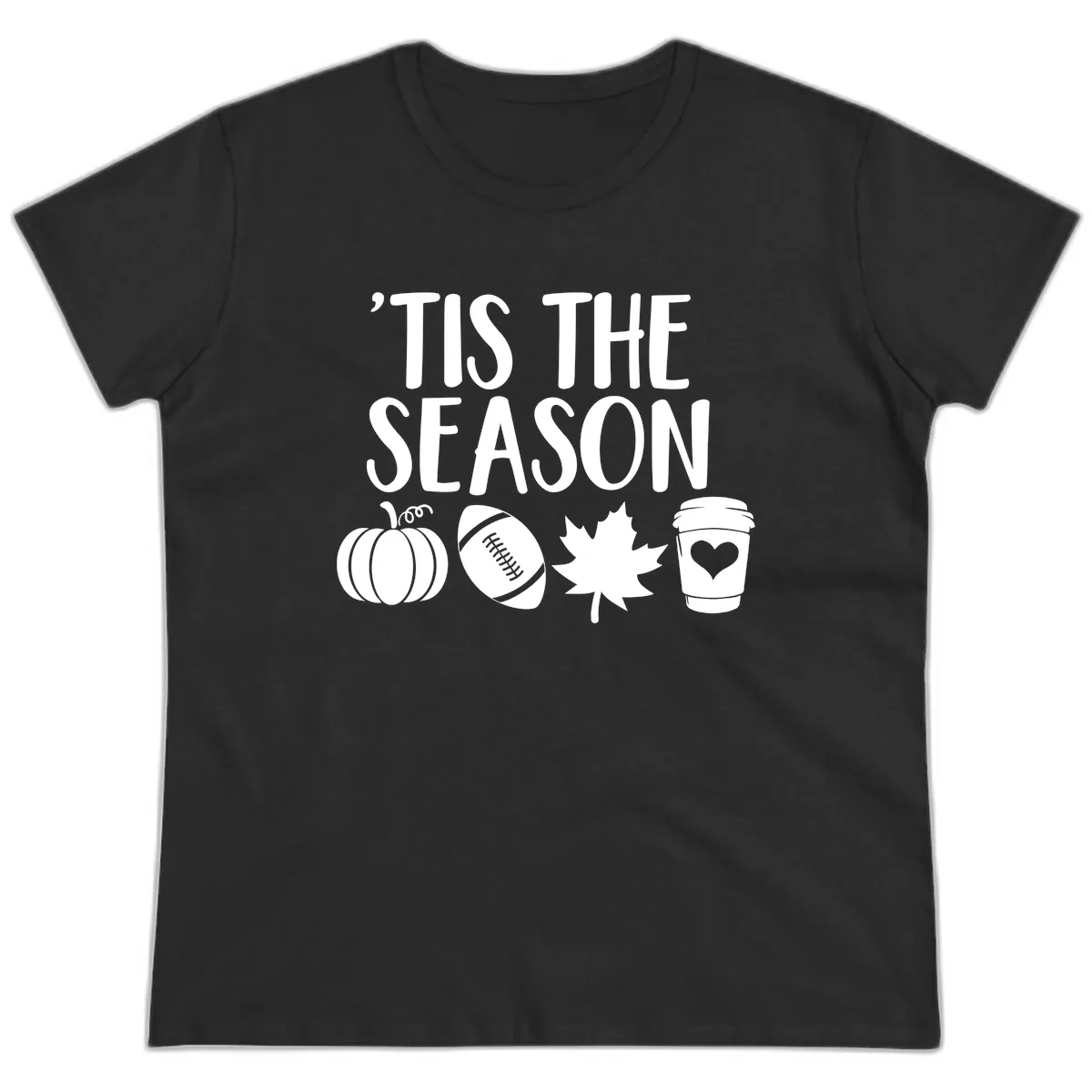 'Tis The Season Fall Football Coffee Ladies Tee in Black
