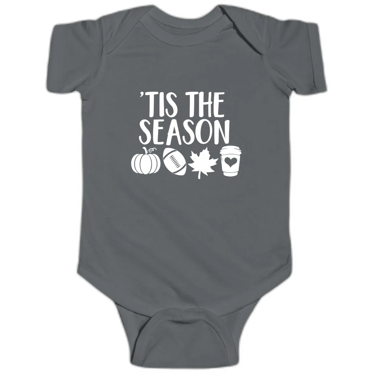 'Tis The Season Fall Football Coffee Baby Onesie in Charcoal