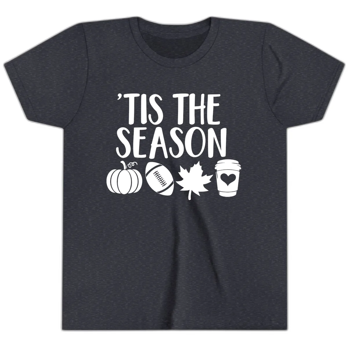 'Tis The Season Fall Football Coffee Youth T-Shirt in Heather Navy