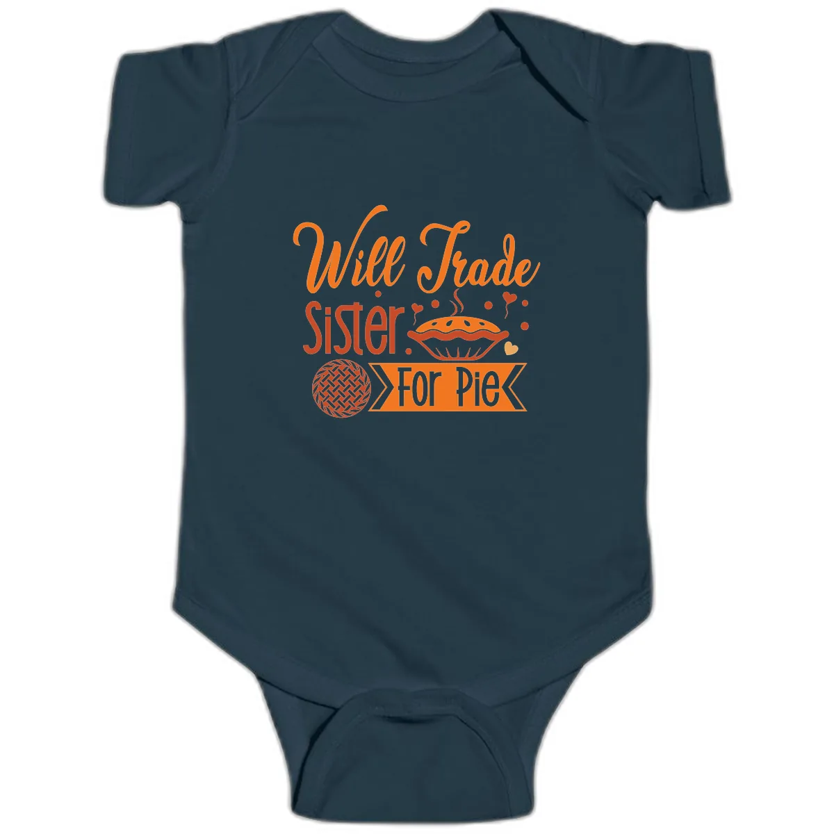 Will Trade Sister For Pie Graphic Baby Onesie in Navy