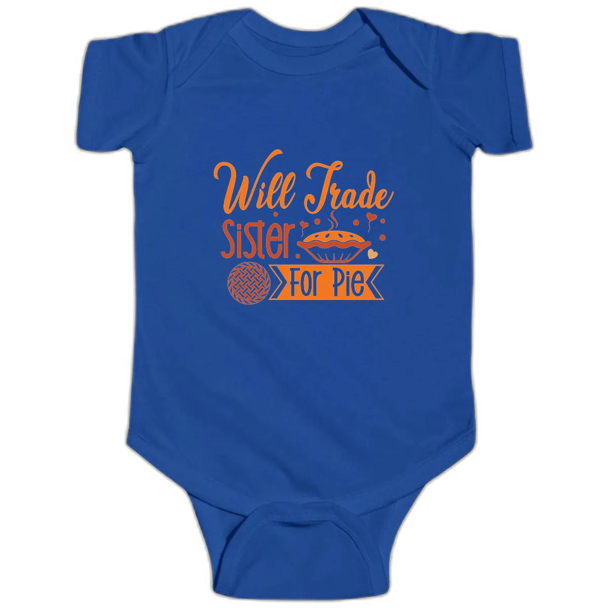Will Trade Sister For Pie Graphic Baby Onesie in Royal