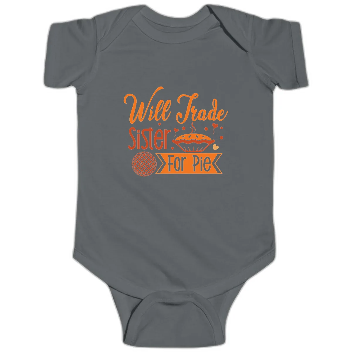 Will Trade Sister For Pie Graphic Baby Onesie in Charcoal
