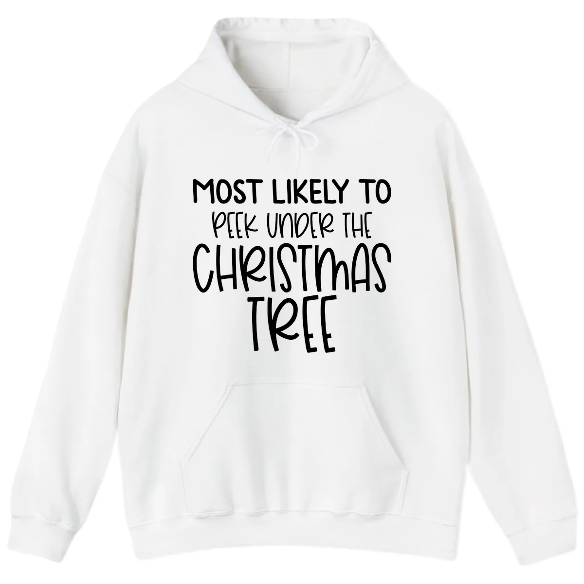 Most Likely To Peek Under Christmas Tree Hoodie in White